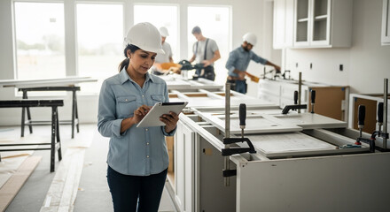 Woman inspecting kitchen construction site with digital tablet