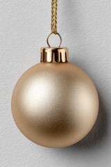 Close-up of a single golden Christmas bauble hanging with a metallic string, textured background, and subtle festive elegance. Minimalist holiday decoration