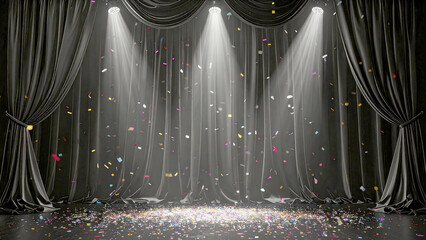 Gritty luxurious Black velvet presentation stage curtain with falling confetti under spotlight symbolizing celebration, victory, and transformation
