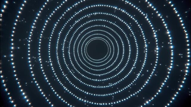 Glowing white dots arranged concentric circular patterns create mesmerizing light tunnel with abstract glowing circle and dynamic