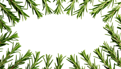 Fresh rosemary sprigs arranged in a frame isolated on a transparent background.