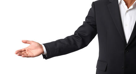 Elegant businessman offering open hand for partnership, presenting opportunity or welcoming collaboration in professional setting, ready to shake hands