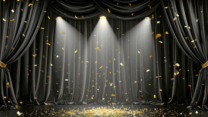 Gritty luxurious Black velvet presentation stage curtain with falling confetti under spotlight symbolizing celebration, victory, and transformation