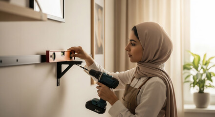 Muslim woman installing shelf bracket with drill and level