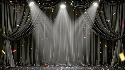 Gritty luxurious Black velvet presentation stage curtain with falling confetti under spotlight symbolizing celebration, victory, and transformation