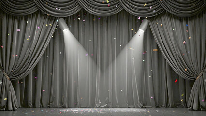 Gritty luxurious Black velvet presentation stage curtain with falling confetti under spotlight symbolizing celebration, victory, and transformation