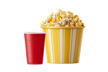 Buttery Popcorn in Striped Bucket with Red Cup, PNG