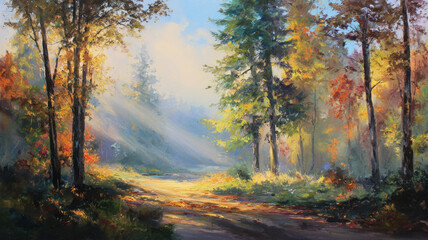 Painting of a beautiful hazy autumn landscape. Trees in fall colors.