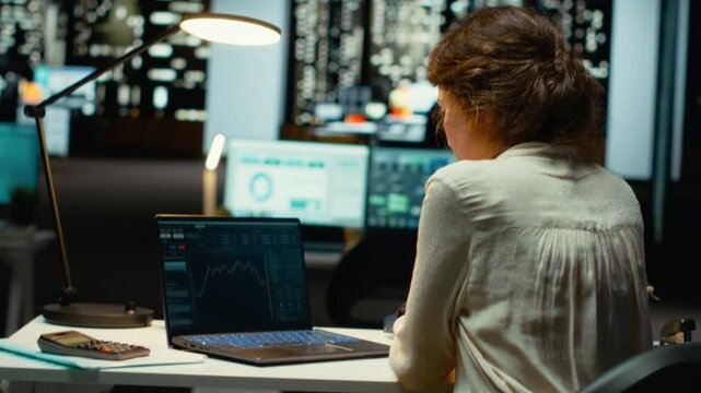 Employee monitors live stock market trends and cryptocurrency exchanges, leveraging technology and professional analysis to achieve trading objectives and optimize revenue. Night time. Camera B.