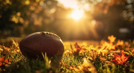 american football on the background of autumn leaves