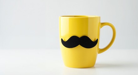 Bright yellow coffee mug decorated with black mustache