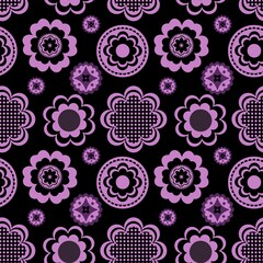 Purple seamless background with flowers.
Abstract, repeating regular pattern for print.
Graphic design with regular shapes.