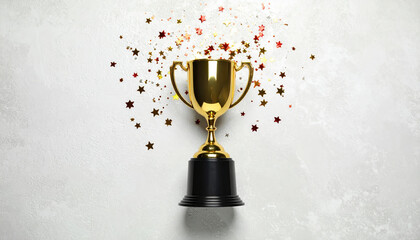 Golden trophy cup with black base surrounded by colorful star shaped confetti on light textured background, symbolizing achievement and celebration