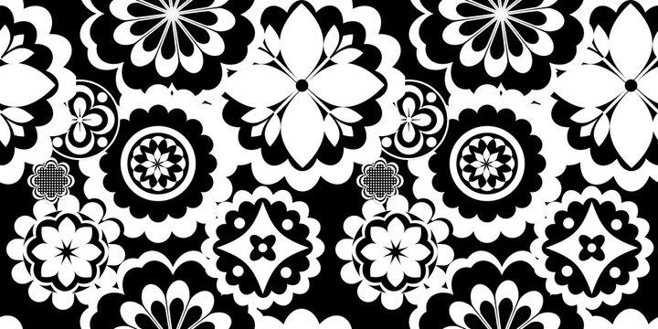 Black white seamless background with flowers .
Abstract, repeating regular pattern for print .
Graphic design with regular shapes.