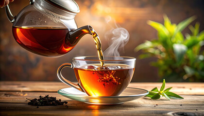 Steaming hot tea being poured from glass teapot into transparent cup on wooden table with loose tea leaves and green plant in background, creating warm and cozy atmosphere