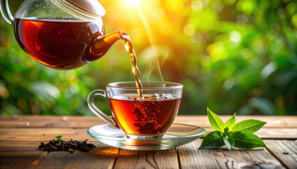 Hot tea pouring into glass cup on wooden table with fresh green leaves and sunlight in background, creating warm and relaxing atmosphere