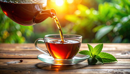 Hot tea pouring into glass cup on wooden table with fresh green mint leaves and sunlight in background, creating warm and refreshing atmosphere