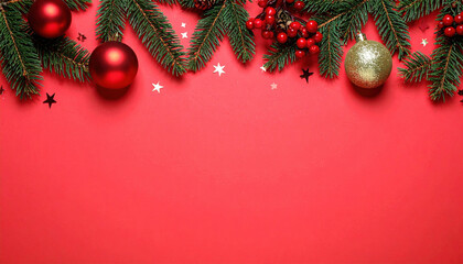 Christmas decoration with red and gold baubles, green pine branches, and red berries on vibrant red background creating festive and joyful holiday atmosphere