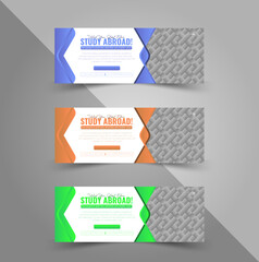 Fototapeta premium Set of 3 Study Abroad Education Facebook Cover Templates Global Education and Visa Consultant Social Media Banner Modern Web Banner for International University Admission Agency.
