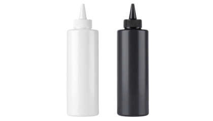 Two Squeezable Bottles, One White and One Black, Displayed Side-by-Side on a White Background