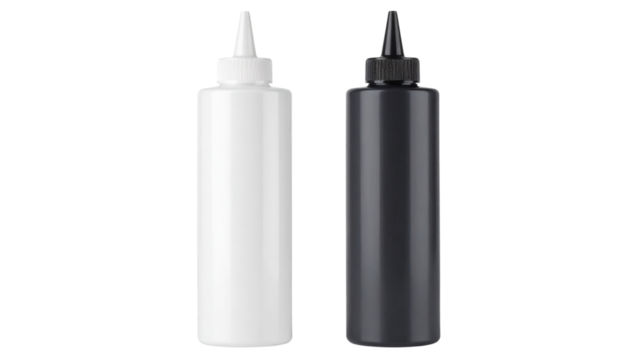 Two Squeezable Bottles, One White and One Black, Displayed Side-by-Side on a White Background