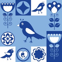 Blue and white cheerful set with flowers and birds as tiles, seamless decor as background.
Kid's cheerful regular pattern.