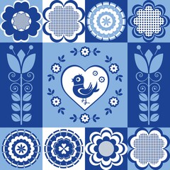 Blue and white cheerful set with flowers and birds as tiles, seamless decor as background.
Kid's cheerful regular pattern.