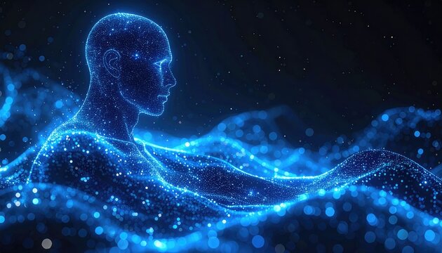 Glowing blue particle humanoid floats, dark backdrop