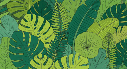 Illustration showcasing an array of vibrant green tropical foliage including monstera, fern, and banana leaves