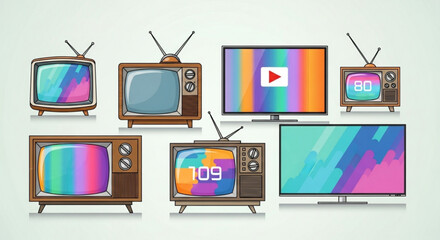 Illustration of seven televisions of varying styles including retro and modern flat screen tvs shown