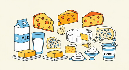 Illustration of various dairy products including cheese milk yogurt and butter on a light background