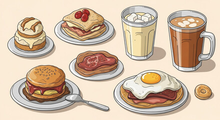 Illustration of a breakfast spread with pancakes, sandwiches, drinks, and a burger on plates and table