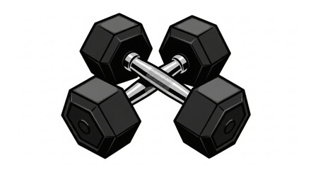 Two black dumbbells crossed with silver handles for weightlifting and strength training equipment fitness concept