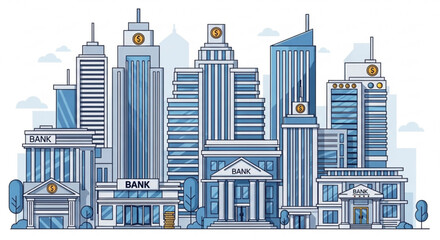 Illustration of a cityscape with multiple bank buildings and skyscrapers with dollar sign decorations