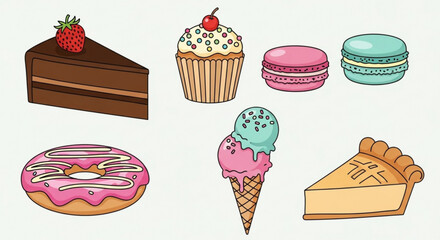 Illustration of a collection of desserts including cake, cupcake, macarons, donut, ice cream, and pie slice