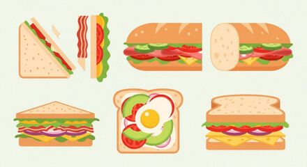 Illustration of assorted sandwiches including triangle, sub, and open faced with various ingredients shown