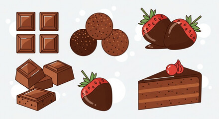 Illustration of chocolate squares, truffles, chocolate covered strawberries, and a slice of chocolate cake