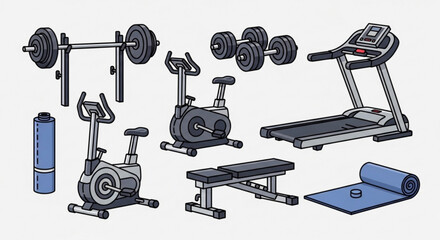 Illustration of a gym setup with exercise equipment including weights treadmill and exercise bikes