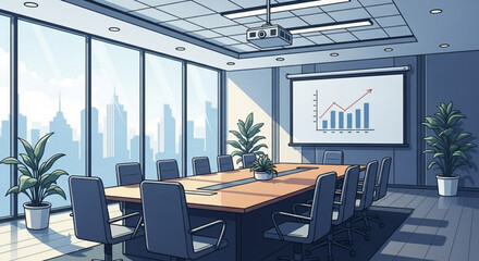 Illustration of a conference room with a large table chairs projector screen and city view through windows