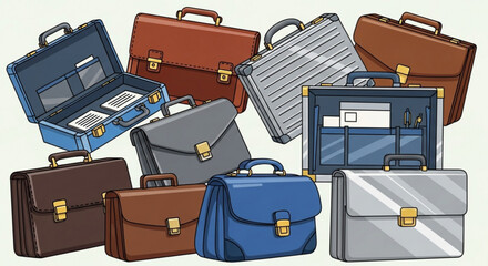 A collection of various briefcases in different colors and styles arranged in a clustered composition