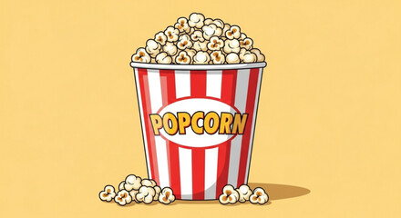 A bucket of popcorn overflowing with kernels and some scattered on the ground on a yellow background