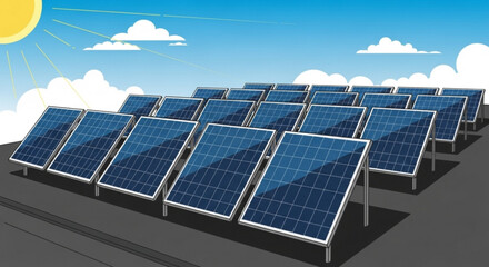 Array of solar panels under a sunny sky with scattered clouds providing renewable energy solutions on rooftop