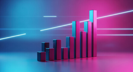 Digital Bar Chart Showing Upward Trend Against Neon Background