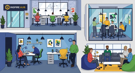 Illustration of a modern office space with people working and collaborating in various settings