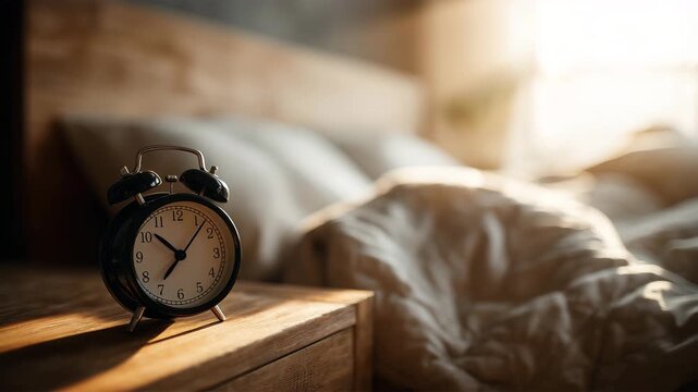 木製ベッド横に置かれた朝の目覚まし時計