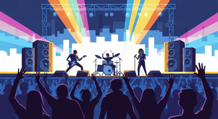 A live concert scene with a band performing on stage and a crowd cheering with colorful lights above them