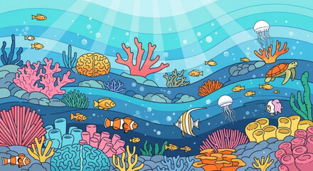 Illustration showing a colorful underwater scene with various fish coral and other marine life forms present