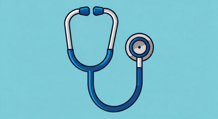 Illustration of a blue and white stethoscope with tubing and chest piece on a light blue background