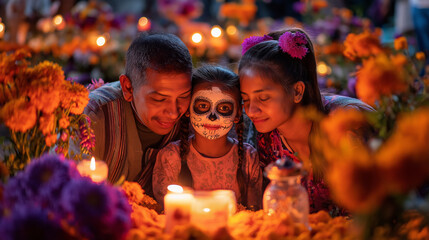 Day of the dead family celebration with face paint and candles stock photo download now