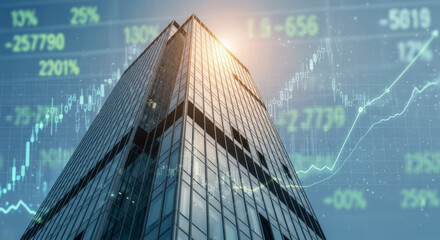 Modern Office Building With Stock Market Data Overlay In The Background